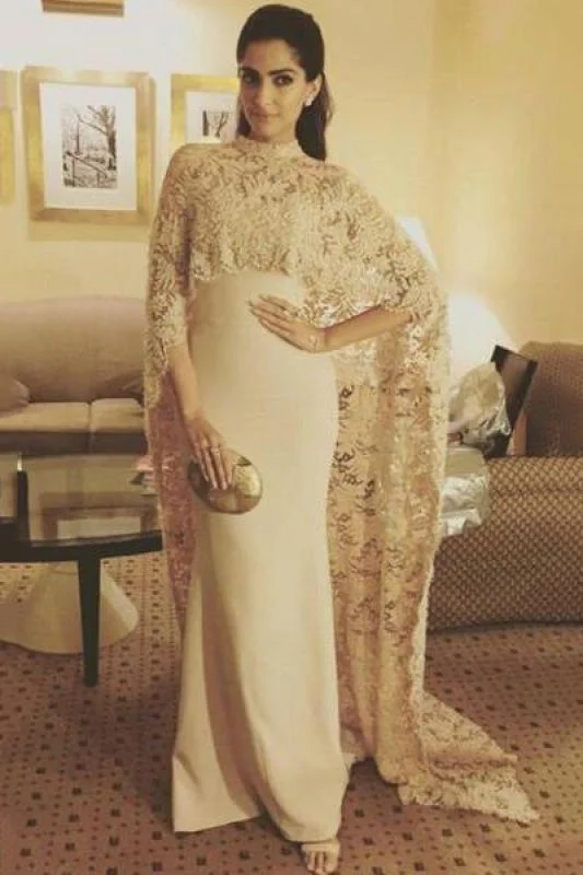 Bridelily Arabic Mermaid Long Evening Gowns with High Neck Sheer Lace Cape Party Dresses sweetheart Neckline Romantic