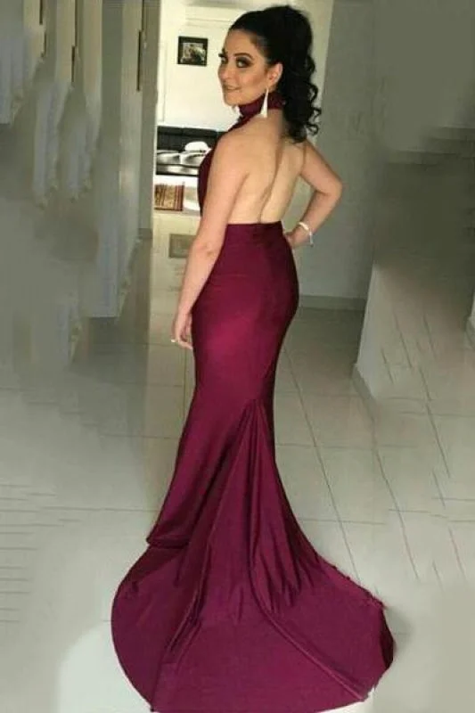 Bridelily High Collar Simple Burgundy Evening Dress Halter Open Back Sleeveless Prom Dress Tunics Formal black