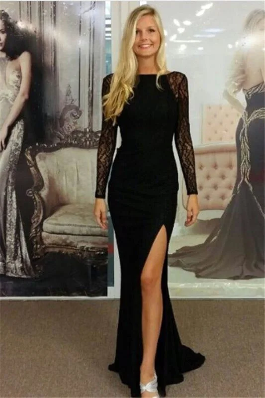 Bridelily Black Bateau Spandex Evening Dresses Backless Long Sleeves 2019 Prom Dresses Tunics Winter warm