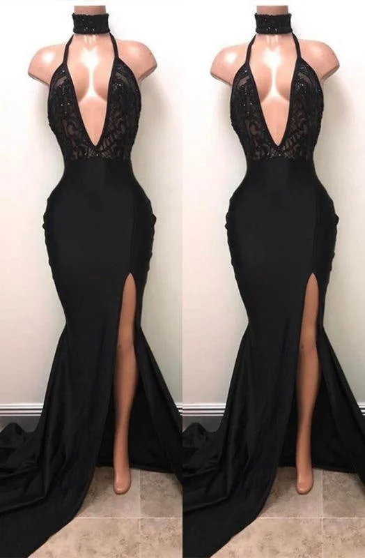A| Bridelily Sexy Black Mermaid Prom Dress | 2019 V-Neck Evening Dress With Slit Tunics Sale discount