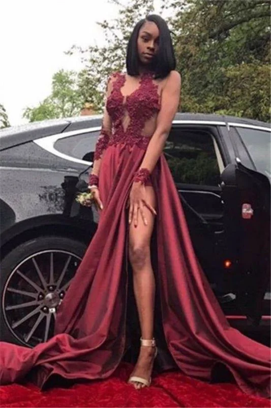Bridelily Burgundy A-Line Long Sleeves Prom Dresses 2019 Appliques Side Slit Evening Dresses SK0107 Tunics Practical durable