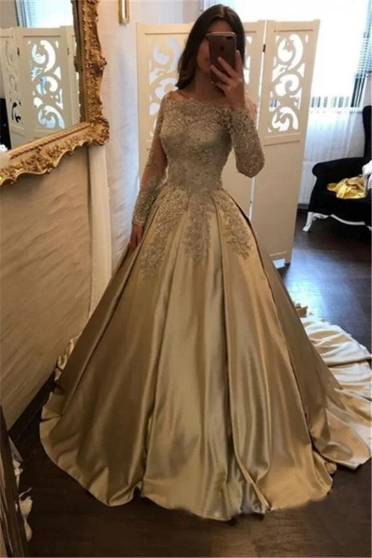 Bridelily A-Line Evening Dresses Bateau Neck Long Sleeves Lace Appliques Prom Dresses High-Low Hemline Casual