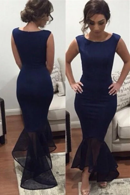 Bridelily Dark Navy Sexy Mermaid Evening Dress Cheap Simple Floor Length Formal Occasion Dress Tunics Sophisticated sleek