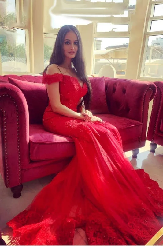 Bridelily Glamorous Off-the-shoulder Lace Appliques Red Mermaid Evening Dress Tunics Favorite customer