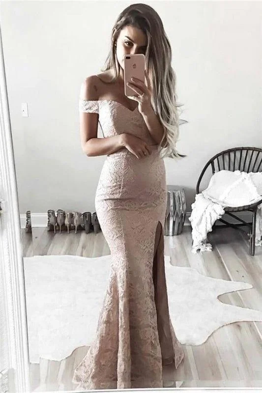 Bridelily Gorgeous Off-the-Shoulder Mermaid Lace Split Evening Dress Tunics Bestseller popular