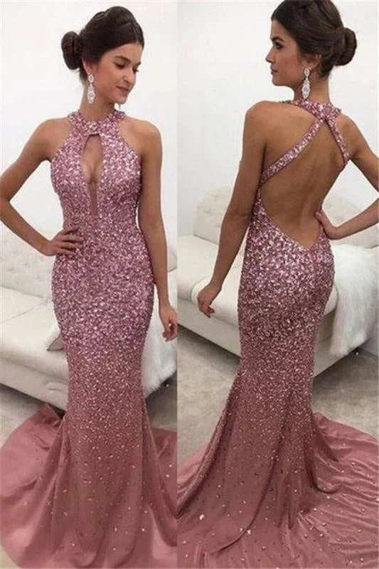 Bridelily Halter Sleeveless Backless Sweep-train Sequins Mermaid Evening Dresses Tunics Practical durable