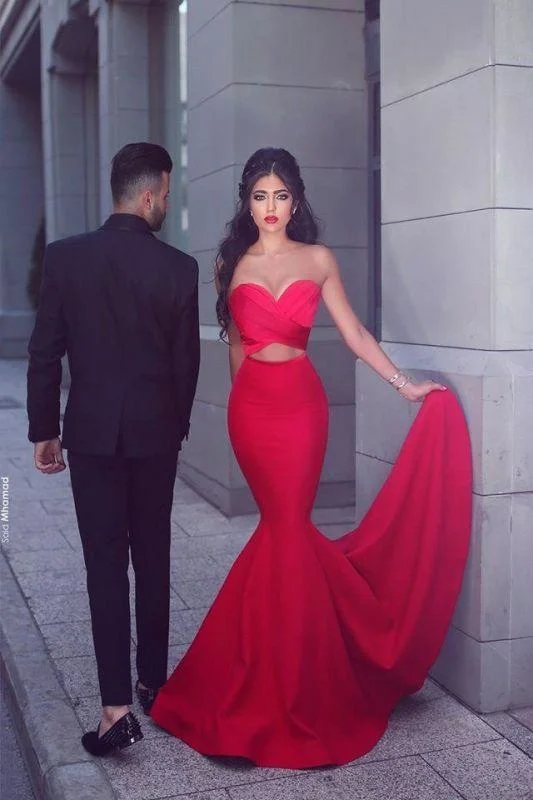 Bridelily New Arrival Sexy Mermaid Sweetheart Sleeveless Red Long Evening Dresses Turtleneck Neckline Stylish