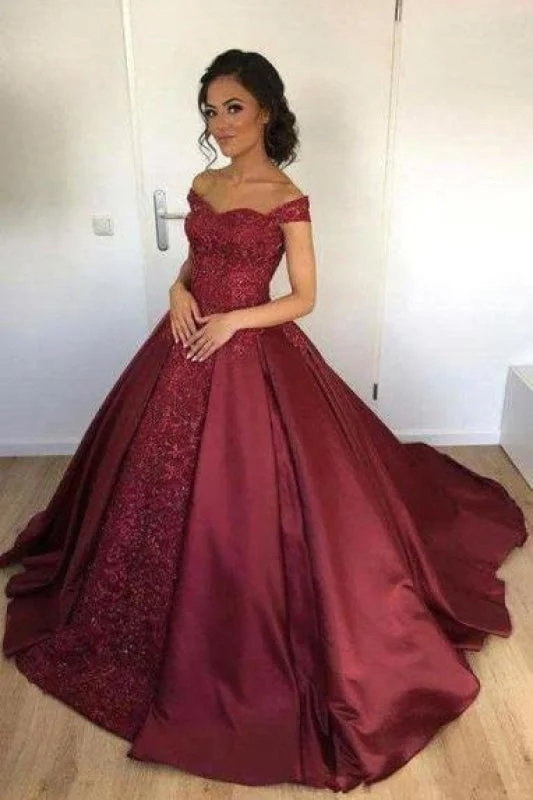 Bridelily Off-the-Shoulder Burgundy Lace Appliques Ball-Gown Evening Dress Tunics Brand named