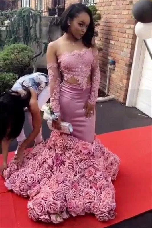 Bridelily Long Sleeve Pink Lace Prom Dresses 2019 | Roses Bottom Off The Shoulder Mermaid Evening Dress Sexy FB0315 Tunics Formal black