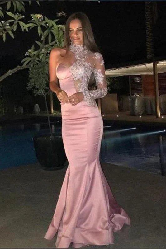Bridelily One-Shoulder Gorgeous High-Neck Mermaid Lace Evening Dress Tunics New arrival