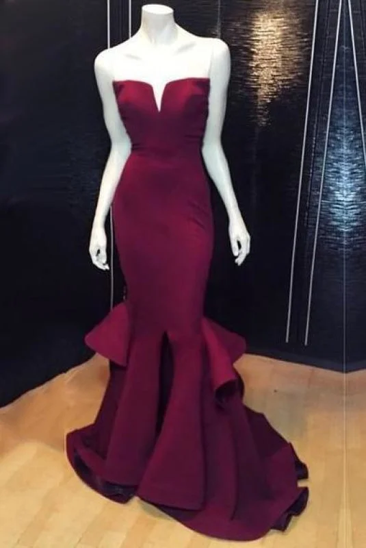 Bridelily Popular Burgundy Mermaid Long Evening Dress Sexy Simple Cheap Notched Slit Prom Gown CJ0397 Tunics Vintage classic