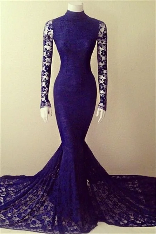Bridelily Purple Lace Sexy Party Dresses Long Sleeve High Collar 2019 Evening Gowns Tunics Spring floral