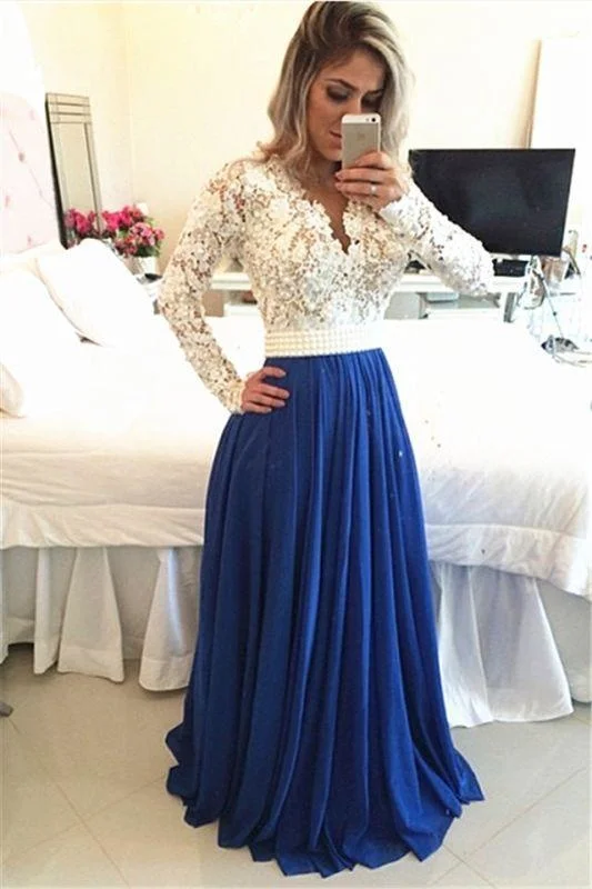 Bridelily Royal Blue  Lace V Neck Popular Evening Dress with Long Sleeve Pearl Belt Long Prom Dresses BMT017 Tunics Denim casual