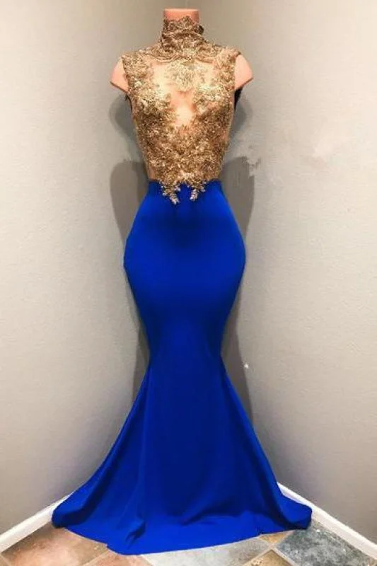 Bridelily Royal-blue 2019 Prom Dress, 2019 Lace Appliques Evening Dress RM0 Turtleneck Neckline Stylish