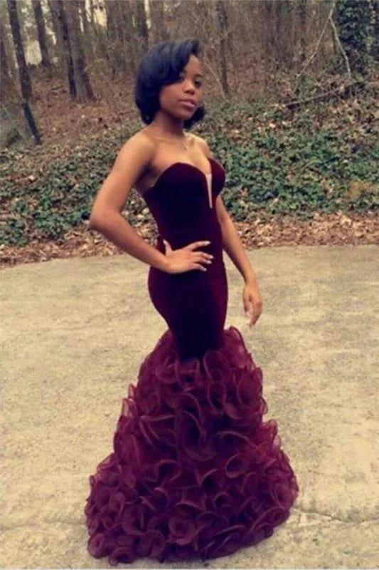 Bridelily Pretty Burgundy Prom Dresses 2019 Strapless Sheath Ruched Organza Evening Dress CE076 Tunics Favorite customer