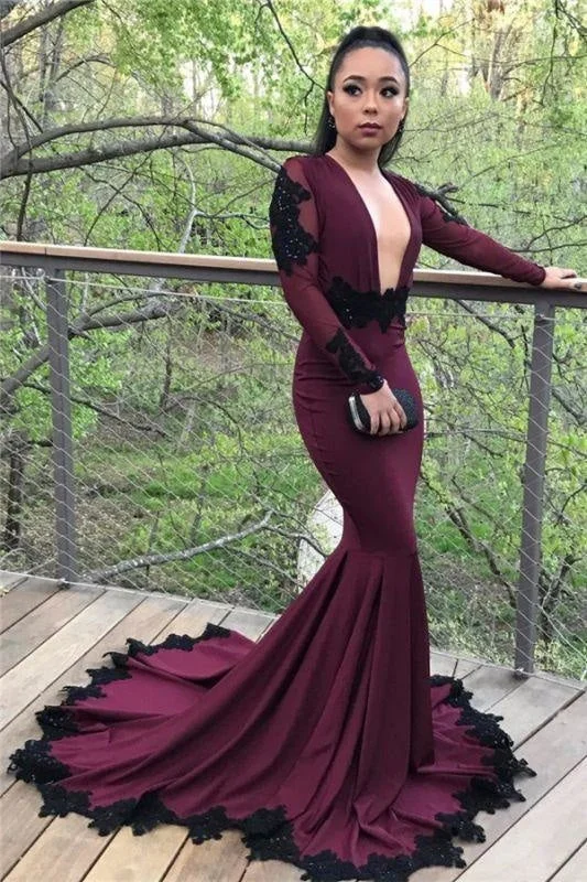 Bridelily Sexy Mermaid Long Sleeves Prom Dresses 2019 Appliques Open Back Evening Dresses with Beadings SK0041 Tunics Chic elegant