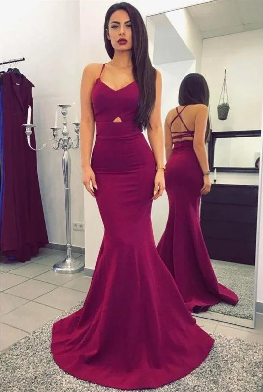 Bridelily Sexy Mermaid Prom Dresses Criss Cross Straps Long Evening Dresses Sweep Train Tunics Luxurious high-end