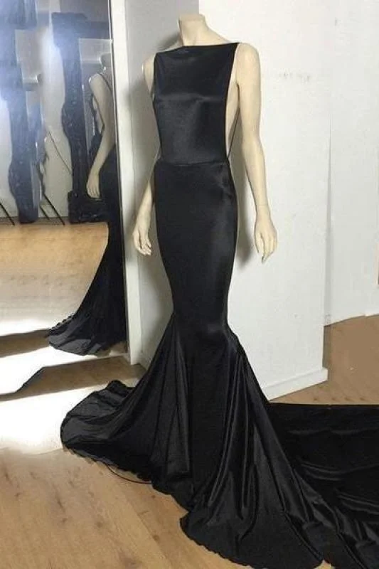 Bridelily Sexy Open-Back Black Mermaid Long Court-Train Cheap Evening Dress Turtleneck Warm Winter