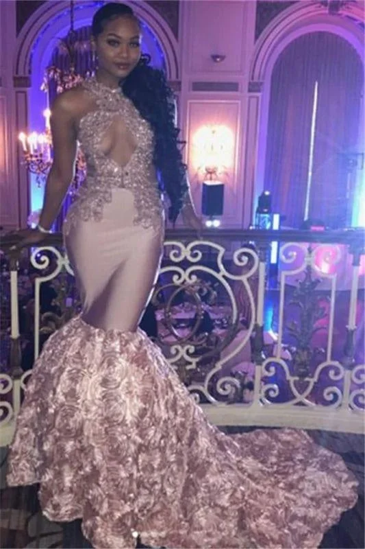 Bridelily Sexy Pink High-Neck Mermaid Prom Dresses 2019 Appliques Sleeveless Keyhole Evening Dresses with Beadings SK0138 Tunics Spring floral