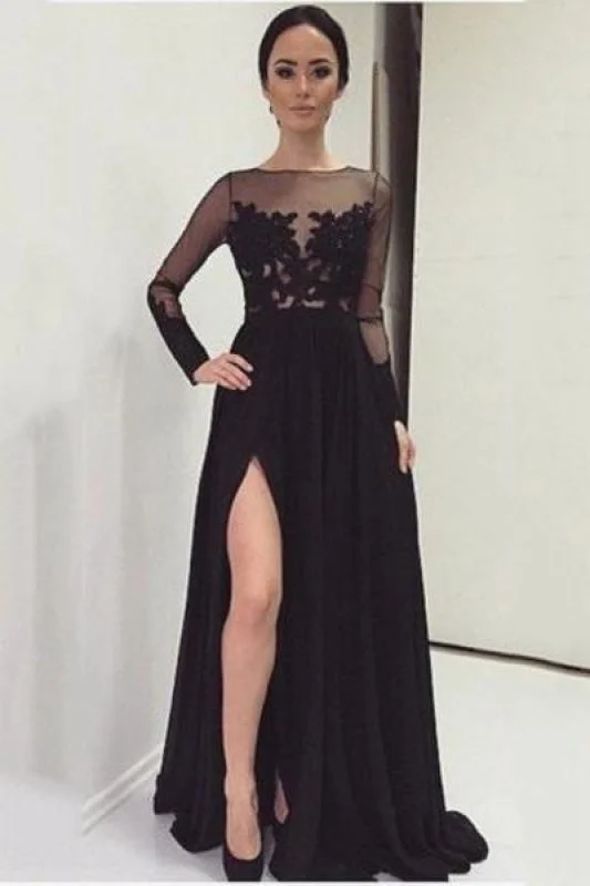 Bridelily A-Line Black Long Sleeve Tulle Lace Evening Dress Latest Sweep Train Side Slit Prom Dresses TB0258 Satin Halter Glamorous