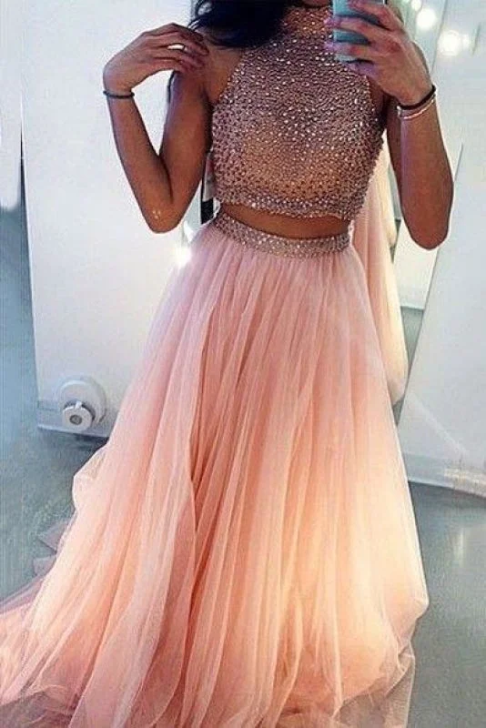 Bridelily 2019 Two Pieces Separate Long Prom Dresses High Neck Front Slit Beading Junior Formal Party Dresses Tunics Office stylish