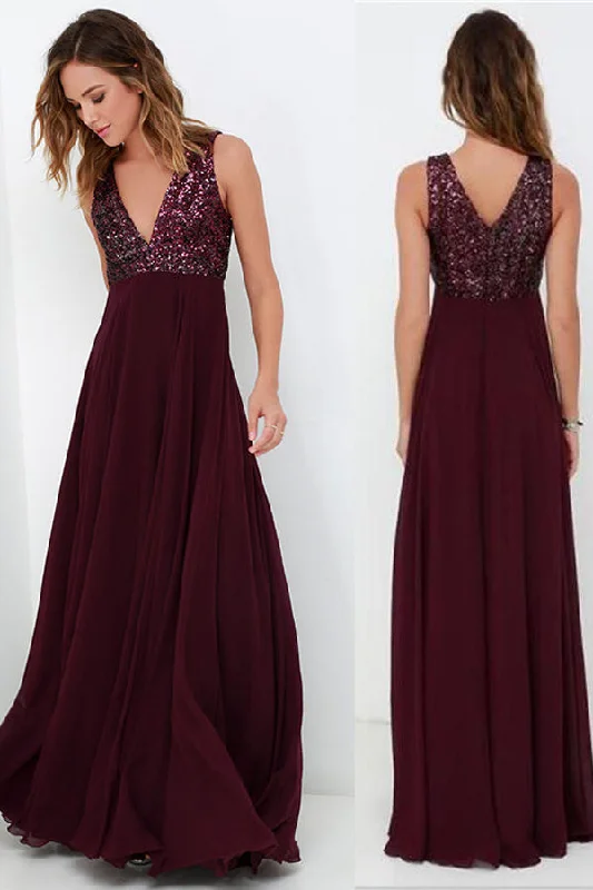 Burgundy A Line Floor Length Deep V Neck Sleeveless Bridesmaid Dresses, Wedding Party Dresses Tunics Fall fleece