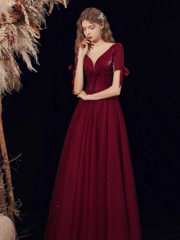 Burgundy A-line V Neck Tulle Long Prom Dress Burgundy Evening Dress Turtleneck Neckline Stylish