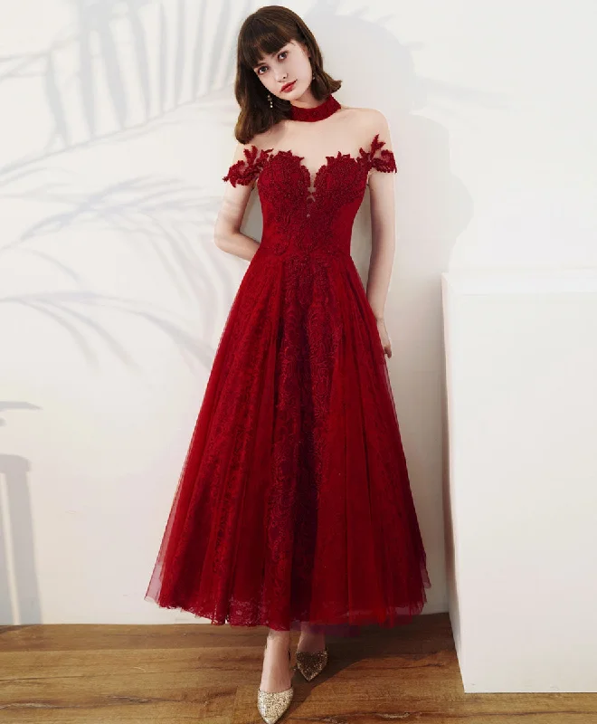 Burgundy High Neck Tulle Lace Tea Length Prom Dress, Lace Formal Evening Dress Tunics Print Colorful