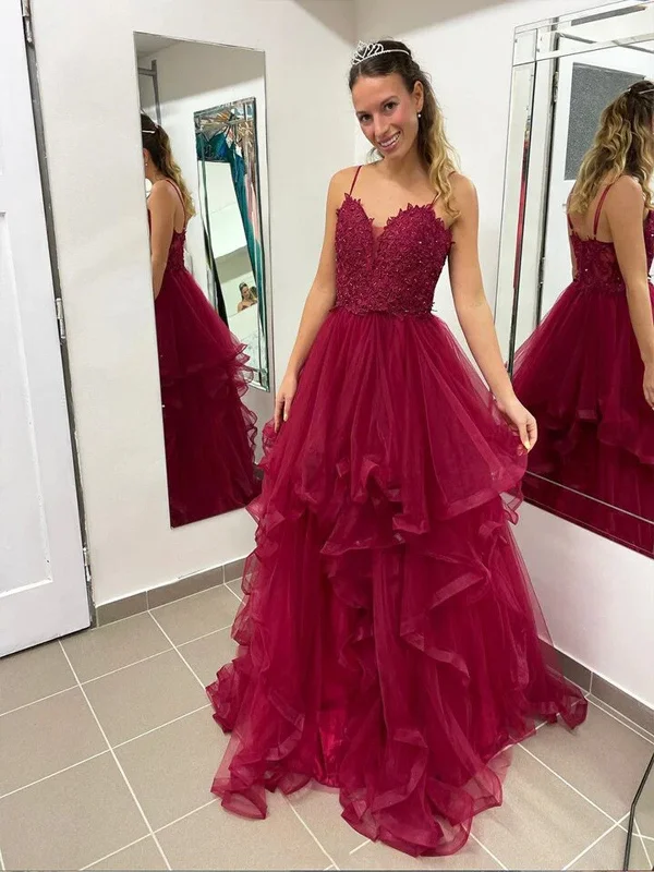 Burgundy Lace Spaghetti Strap Tulle Long Prom Dress , Burgundy A-Line Formal Evening Party Dress Peplum Ruffle Cocktail