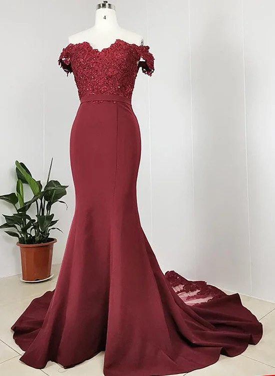 Burgundy Off Shoulder Handmade Mermaid Bridesmaid Dress, Long Prom Dress Evening Dress Tunics Fall fleece