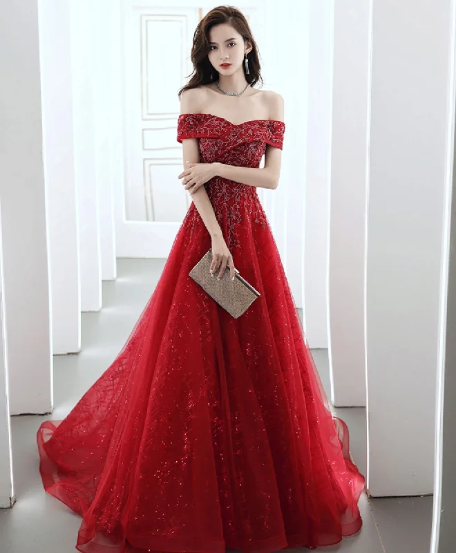 Burgundy Off Shoulder Tulle Lace Long Prom Dress, Burgundy Formal Party Dress Tunics Business professional