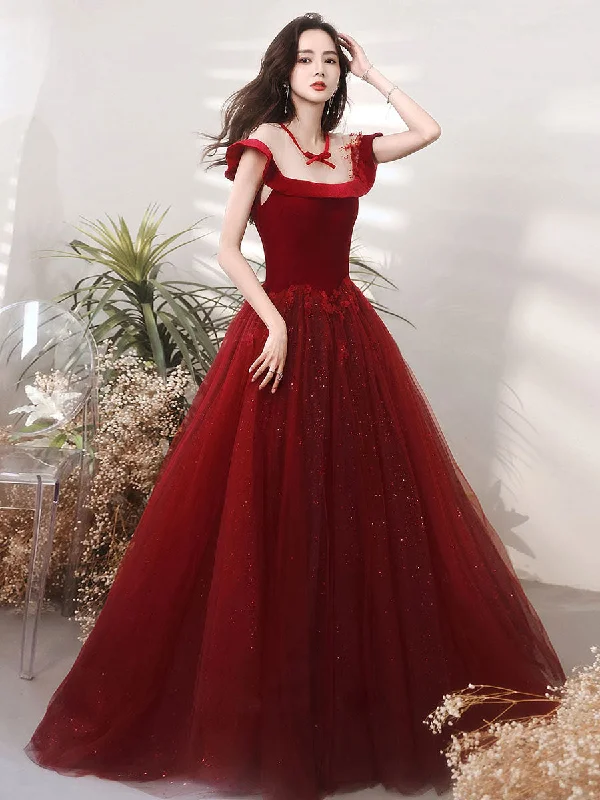 Burgundy Round Neck Tulle Lace Long Prom Dress, Burgundy Evening Dress Tunics Winter warm