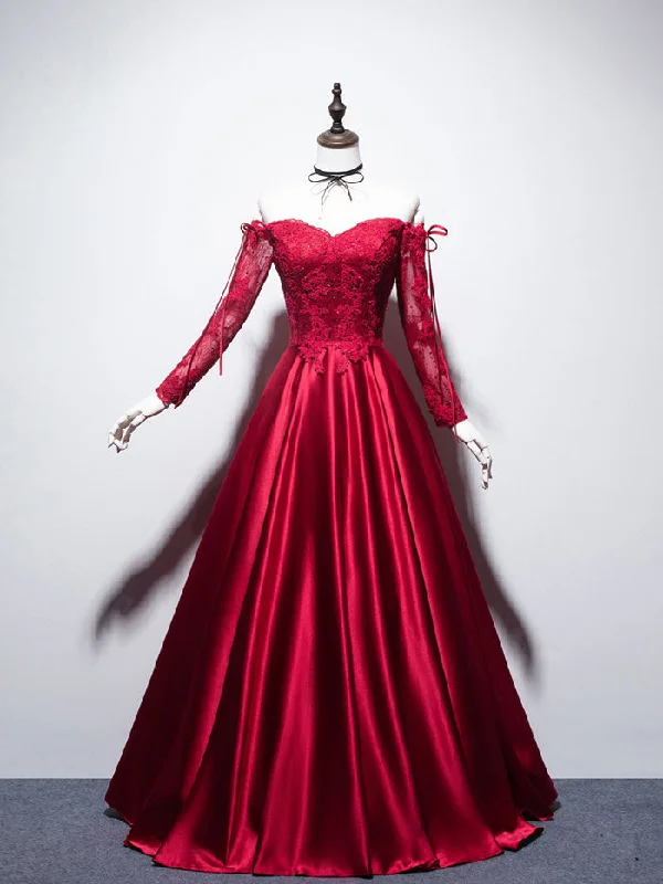 Burgundy Sweetheart Lace Satin Long Prom Dress Burgundy Evening Dress Glittery Long Formal