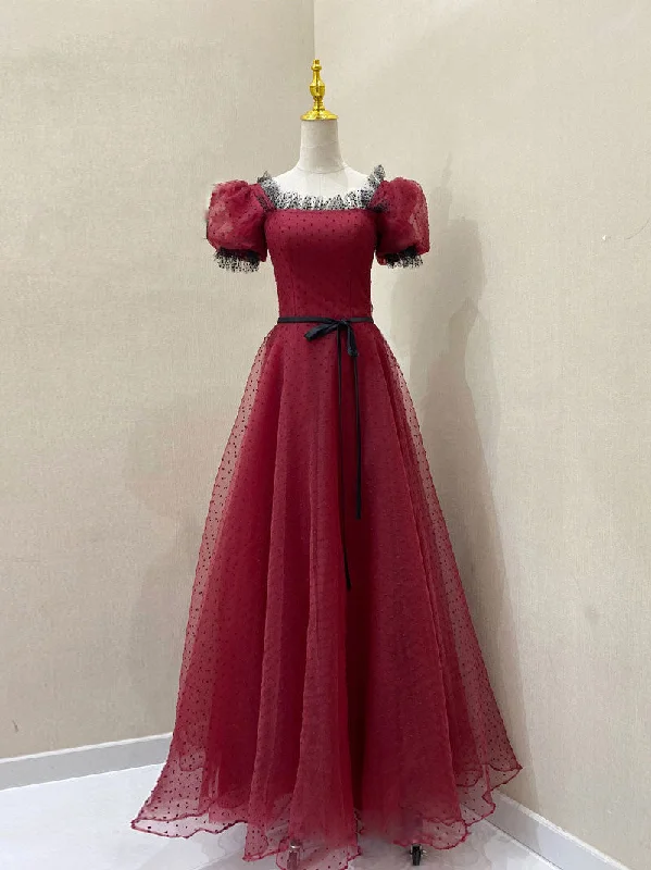 Burgundy Tulle Lace Long Prom Dress, Burgundy Evening Dress Tunics Occasion special