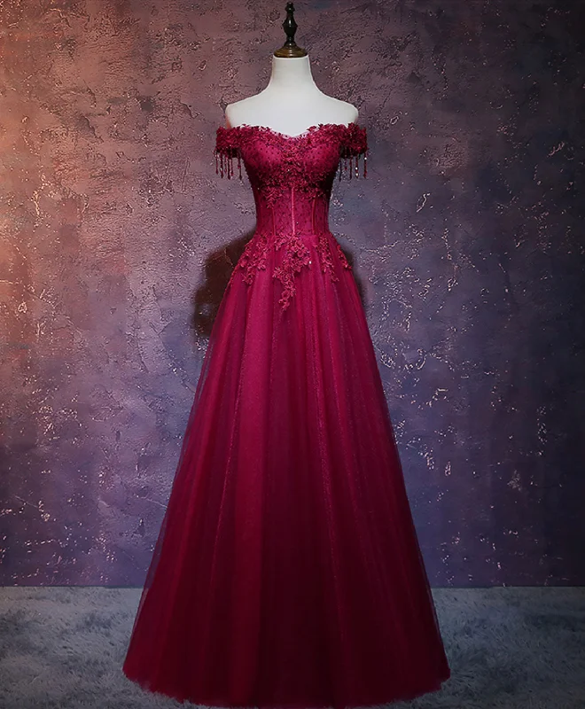 Burgundy Tulle Lace Off Shoulder Long Prom Dress Burgundy Lace Evening Dress Tunics Long Elegant