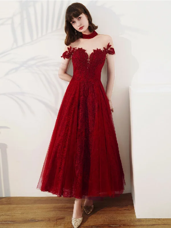 Burgundy Tulle Lace Tea Length Prom Dress, Burgundy Evening Dress Tunics Prom sequined
