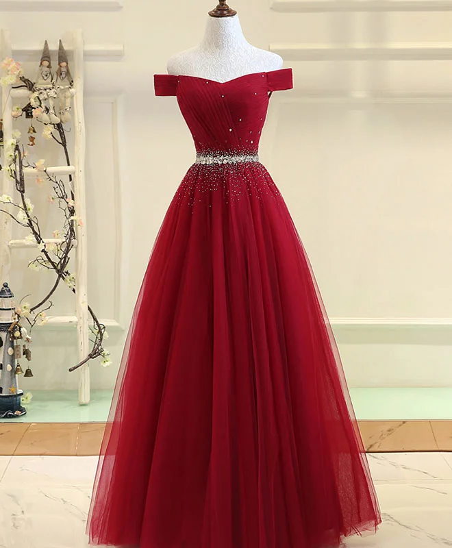 Burgundy Tulle Off Shoulder Long Prom Dress, Burgundy Evening Dress Cowl Neckline Elegant