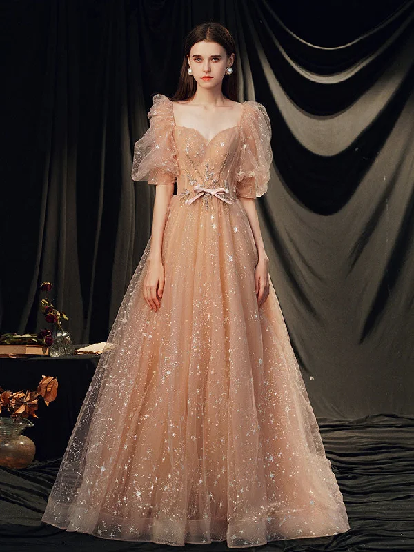 Champagne A-line Tulle Long Prom Dress Champagne Evening Dress Boat Neckline Classic