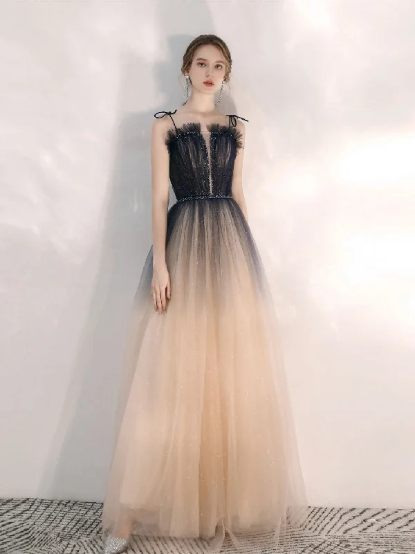 Champagne A line Tulle Sequin Long Prom Dress, Champagne Evening Dress Tunics Evening elegant