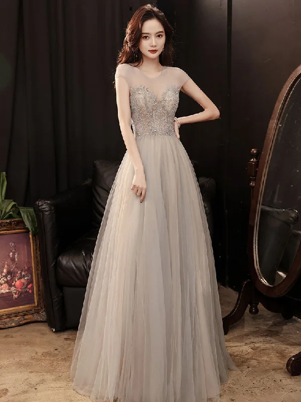 Champagne Round Neck Tulle Beads Long Prom Dress, Champagne Evening Dress Tunics New arrival