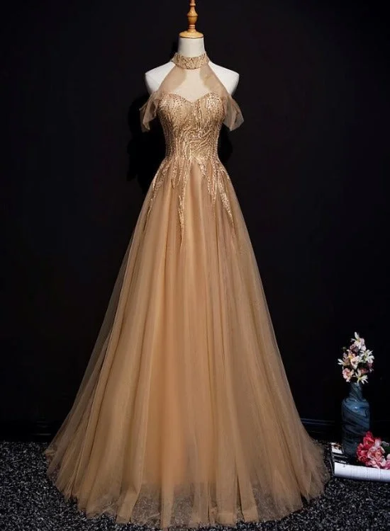 Champagne Tulle Halter Long Party Dress, A-line Formal Gown Tunics Practical easy-care