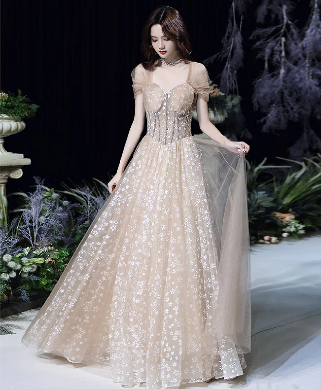 Champagne Tulle Long Prom Dress, Champagne Formal Party Dress with Beading Lace Sexy Club