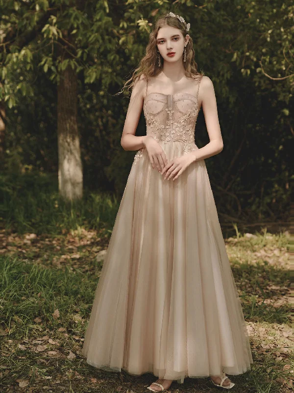 Champagne Tulle Lace Tea Length Prom Dress, Tulle Lace Evening Dress Tunics Bestseller popular