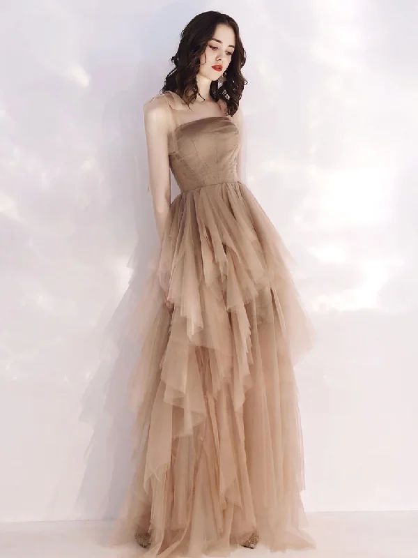 Champagne Tulle Long Prom Dress Champagne Evening Dress Off-the-shoulder Bohemian Festive