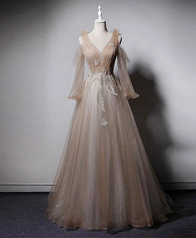 Champagne V Neck Tulle Lace Long Prom Dress, Champagne Formal Evening Dress Tunics Plaid country