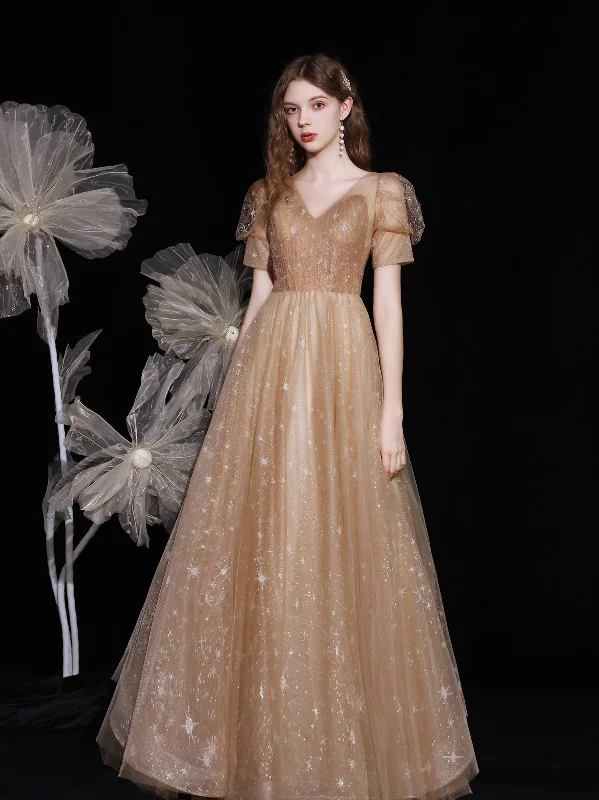 Champagne V Neck Tulle Long Prom Dress, Champagne Evening Dress Tunics Bridal satin