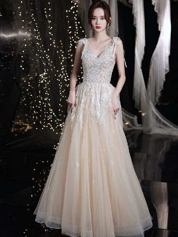 Champagne V Neck Tulle Sequin Lace Long Prom Dress, Champagne Evening Dress Tunics Timeless classic