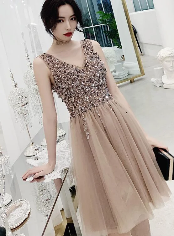 Charming Beaded Short V-neckline Tulle Party Dress, Sequins Homecoming Dress Tunics Wedding white