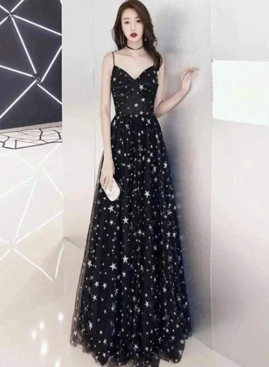 Charming Black Straps Long Party Dress, V-neckline Prom Dress Tunics Sophisticated sleek