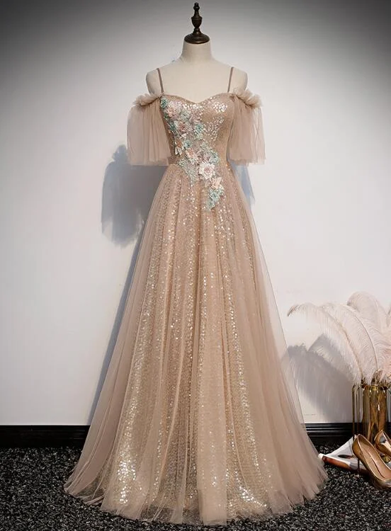 Charming Champagne Tulle and Sequins Long Party Dress, A-line Prom Dress Tunics New arrival